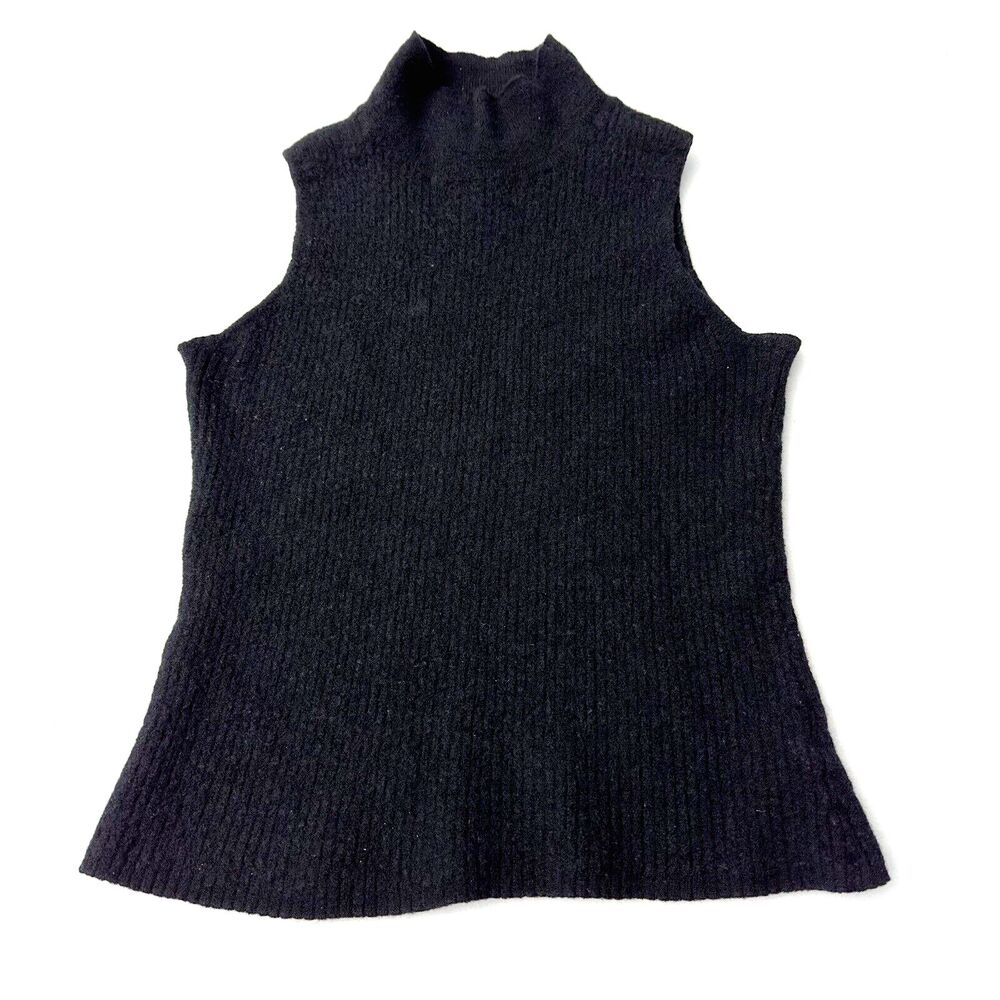 H Halston Womens Sleeveless Crop Top Medium Wool Black Ribbed Extra Fine Merino